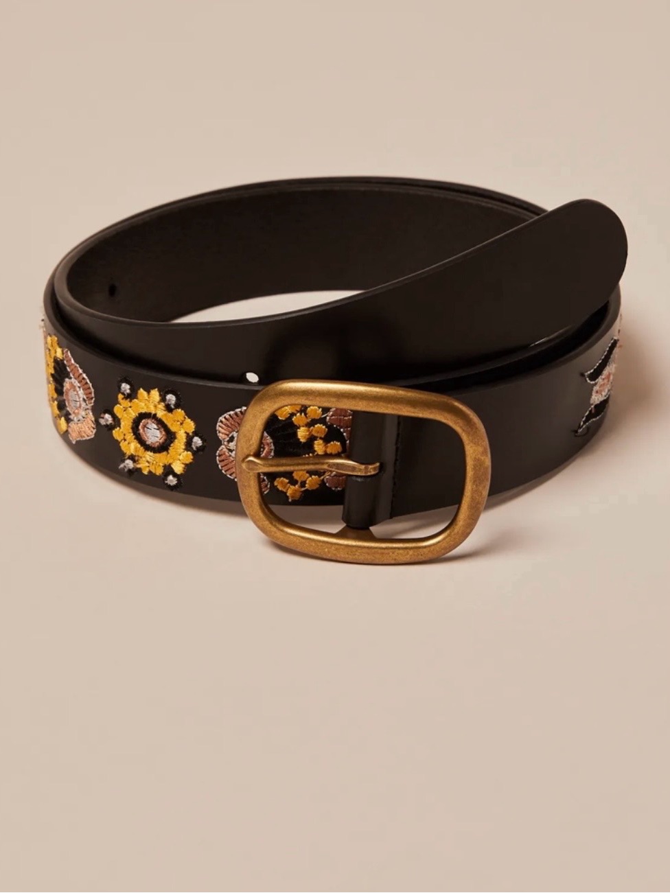 Lucky Brand Black Leather Belt With Gold Buckle And Multicolor Floral Embroidery